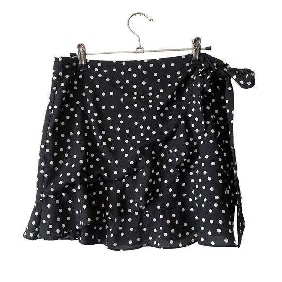Polly US 10 Mini A-Line Skirt Black White Polka Dots Short Faux Wrap - Picture 1 of 8